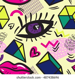 Abstract seamless pattern with geometric elements and stylized eyes and lips. Inspired by the design style Memphis and pop-art style. Trendy texture in retro style 1980s-1990s. Vector illustration.