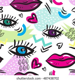 Abstract seamless pattern with geometric elements and stylized eyes and lips. Inspired by the design style Memphis and pop-art style. Trendy texture in retro style 1980s-1990s. Vector illustration.