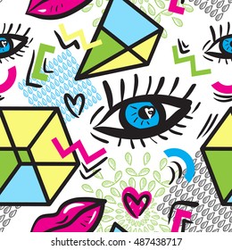Abstract seamless pattern with geometric elements and stylized eyes and lips. Inspired by the design style Memphis and pop-art style. Trendy texture in retro style 1980s-1990s. Vector illustration.