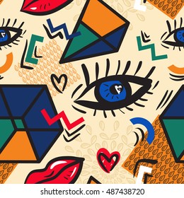 Abstract seamless pattern with geometric elements and stylized eyes and lips. Inspired by the design style Memphis and pop-art style. Trendy texture in retro style 1980s-1990s. Vector illustration.
