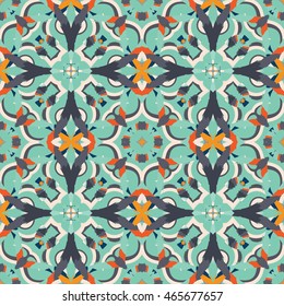 Abstract seamless pattern with geometric and floral ornaments, ethnic, boho style. Tile repeat. 