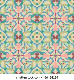 Abstract seamless pattern with geometric and floral ornaments, ethnic. Tile repeat.