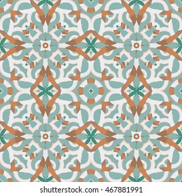 Abstract seamless pattern with geometric and floral ornaments, ethnic. Tile repeat.