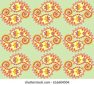 Abstract seamless pattern with geometric and floral elements - spirals, circles, flowers