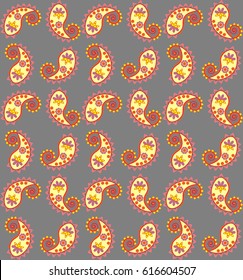 Abstract seamless pattern with geometric and floral elements - spirals, circles, flowers