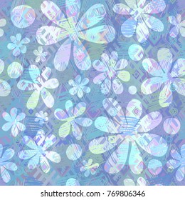 Abstract seamless pattern. Geometric, floral and ethnic motifs, strokes and dashes, collage 