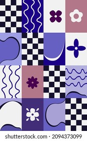 Resumen de un patrón impecable con flores geométricas, tablero de ajedrez en blanco y negro, formas fluidas y líneas en tonos azules. Antecedentes en un estilo plano para Internet, redes sociales, impresión