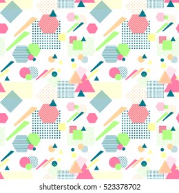 Abstract seamless pattern from geometric form in postmodern Memphis Style on white background for wallpaper or package or for clothes for decoration childish school subject or for creative design