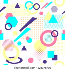 Abstract seamless pattern from geometric form in postmodern Memphis Style on white background for wallpaper or package or for clothes for decoration childish school subject or for creative design