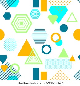 Abstract seamless pattern from geometric form in postmodern Memphis Style on white background for wallpaper or package or for clothes for decoration childish school subject or for creative design