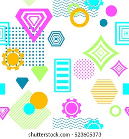 Abstract seamless pattern from geometric form in postmodern Memphis Style on white background for wallpaper or package or for clothes for decoration childish school subject or for creative design