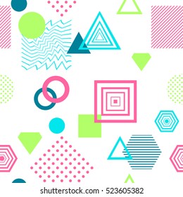 Abstract seamless pattern from geometric form in postmodern Memphis Style on white background for wallpaper or package or for clothes for decoration childish school subject or for creative design