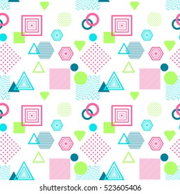 Abstract seamless pattern from geometric form in postmodern Memphis Style on white background for wallpaper or package or for clothes for decoration childish school subject or for creative design