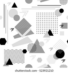 Abstract seamless pattern from geometric form in postmodern Memphis Style black  grey on white for wallpaper or package or for clothes for decoration childish school subject or for creative design