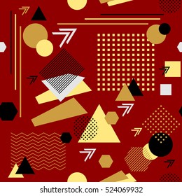Abstract seamless pattern from geometric form in postmodern Memphis Style white black red beige for wallpaper or package or for clothes for decoration childish school subject or for creative design