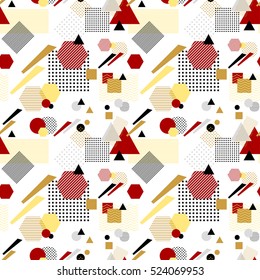 Abstract seamless pattern from geometric form in postmodern Memphis Style white black red beige for wallpaper or package or for clothes for decoration childish school subject or for creative design