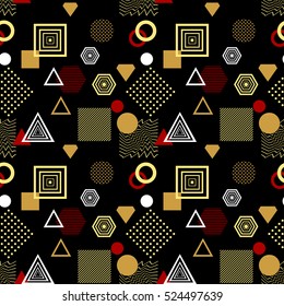 Abstract seamless pattern from geometric form in postmodern Memphis Style black gold red for wallpaper or package or for clothes or for perfume or for holiday or creative design