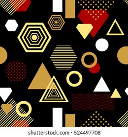 Abstract seamless pattern from geometric form in postmodern Memphis Style black gold red for wallpaper or package or for clothes or for perfume or for holiday or creative design