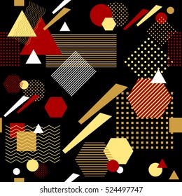 Abstract seamless pattern from geometric form in postmodern Memphis Style black gold red for wallpaper or package or for clothes or for perfume or for holiday or creative design