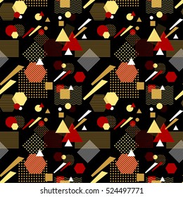Abstract seamless pattern from geometric form in postmodern Memphis Style black gold red for wallpaper or package or for clothes or for perfume or for holiday or creative design