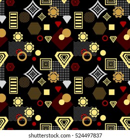 Abstract seamless pattern from geometric form in postmodern Memphis Style black gold red for wallpaper or package or for clothes or for perfume or for holiday or creative design