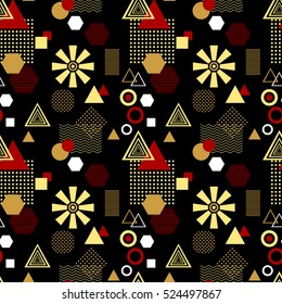 Abstract seamless pattern from geometric form in postmodern Memphis Style black gold red for wallpaper or package or for clothes or for perfume or for holiday or creative design