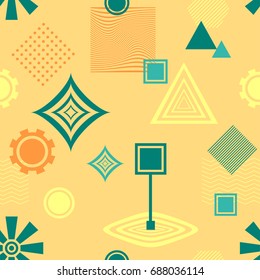 Abstract seamless pattern from geometric form in postmodern Memphis Style blue green on yellow beige for wallpaper or package or for clothes or for creative design  in retro colors