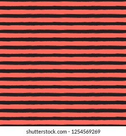 Abstract seamless pattern, geometric ornament. Horizontal stripes of living coral and black colors. Vector illustration.