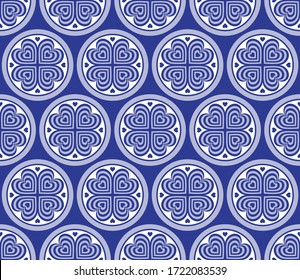 Abstract seamless pattern with geometric ornaments. Stock vector illustration. Striped white-blue elements on blue background. 