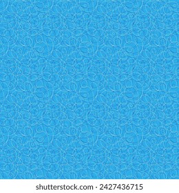Abstract seamless pattern with geometric rounded ornament. Thin white lines, circles, chaotic waves, loops, curls on bright blue background. Vector texture design for wallpaper, fabric, wrapping paper