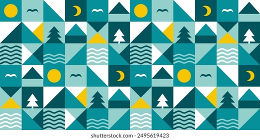 Abstract seamless pattern with geometric sea waves, blue mountains, pine trees, sun and moon. Geometric summer texture with mosaic ocean coast ornament, vector illustration