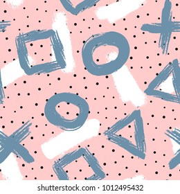 Abstract seamless pattern with geometric shapes and brush strokes. Grunge, watercolor, graffiti, sketch, paint. Drawn by hand. Modern vector illustration. Black, pink, blue, white.