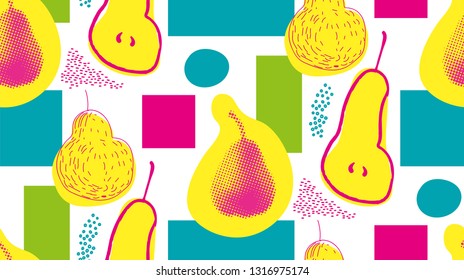 Abstract seamless pattern of geometric shapes and pears. Saturated colours. Vector.