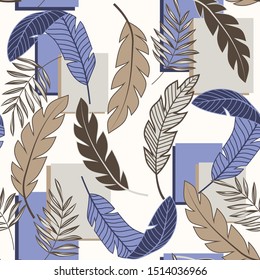 Abstract seamless pattern with geometric shapes and tropical plants. Seamless vector texture. Exotic wallpaper. 