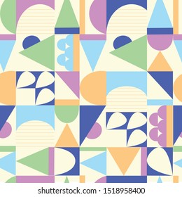 Abstract seamless pattern of geometric shapes. Multicolor lines, triangles and squares on a white background. Endless ornament for wallpaper, fabric, tile, paper.
