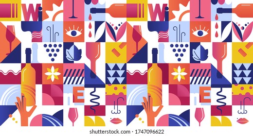 Abstract Seamless Pattern with Geometric Shapes and Wine Tasting Concept Elements. Vector illustration