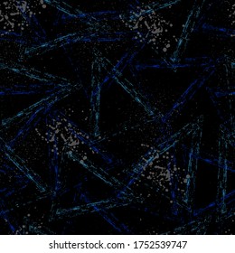 Abstract seamless pattern with geometric shapes. Blue triangle with gray spray effect on black background