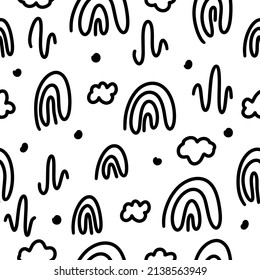 Abstract seamless pattern of geometric shapes from a rainbow, clouds, and scribbles in black on a white background. Geometric wave with hand drawn round spiral shape made by brush circles background