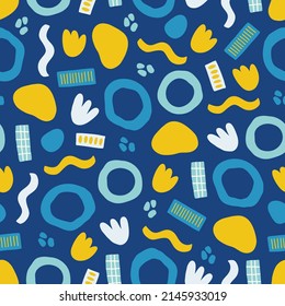 Resumen de un patrón sin fisuras con formas geométricas, círculos, líneas onduladas en colores azul y amarillo. Perfecto para apoyar a Ucrania, papel pintado, papel envolvente, fondo, tela. Ilustración del vector