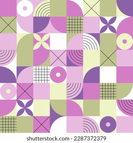 Abstract seamless pattern with geometric shapes in grid. Pastel colors background.