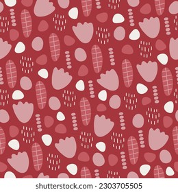 Abstract seamless pattern with geometric shapes, dots, circles on terracotta background. Perfect for wallpaper, gift paper, seasonal greeting cards. Vector illustration