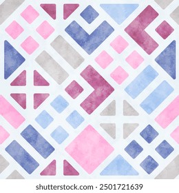 Abstract seamless pattern with geometric shapes and watercolor texture. Simple boho background with pastel colored tiles. Watercolour seamless pattern, vector illustration