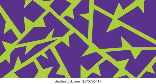 Abstract seamless pattern with geometric shapes in purple and lime green. The design features sharp angles and a fragmented, almost camouflage-like effect.