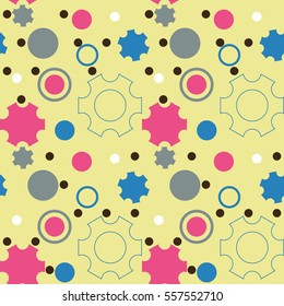 Abstract seamless pattern with geometric shapes in the form of gears and circles. Vector illustration isolated on a light yellow background for textile, websites, wallpapers, wrapping, packaging