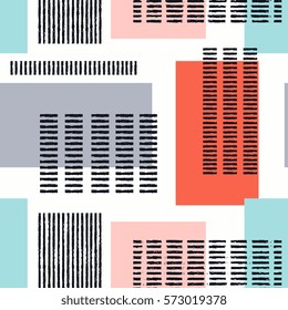 Abstract seamless pattern with geometric shapes and hand drawn stripes.