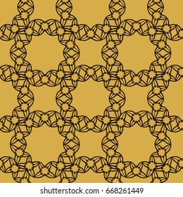 Abstract seamless pattern of geometric shapes on a yellow background.