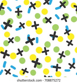 Abstract seamless pattern with geometric shapes. Lines, circles, crosses. Colored vector illustration for children.