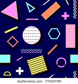 Abstract seamless pattern with geometric shapes on dark background.
