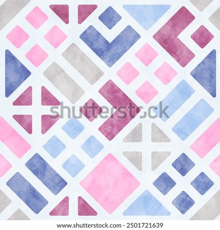 Abstract seamless pattern with geometric shapes and watercolor texture. Simple boho background with pastel colored tiles. Watercolour seamless pattern, vector illustration
