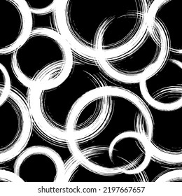 Abstract seamless pattern. Geometric texture. Repeated geometry brush stroke. White circle on black background. Repeating grunge round patern. Repeat geo line for design prints. Vector illustration